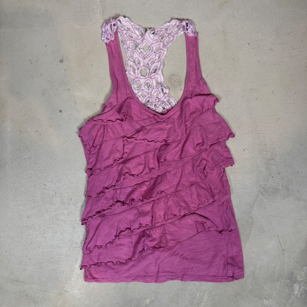 Eyelash Couture Womens Magenta Ruffle Front Crochet Lace Racerback Tank Top L